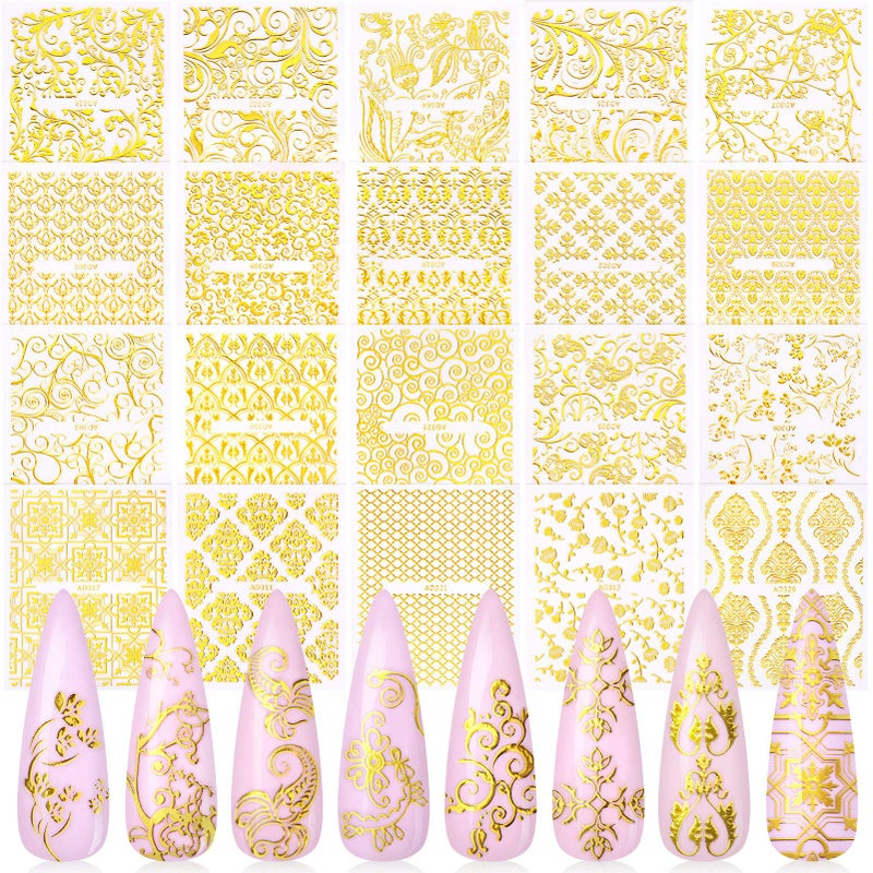 KISSBUTY Metallic Flowers  Vine Nail Decals  20 Sheets 3D Flower Lace Adhesive Stickers  Gold Floral Nail Decor