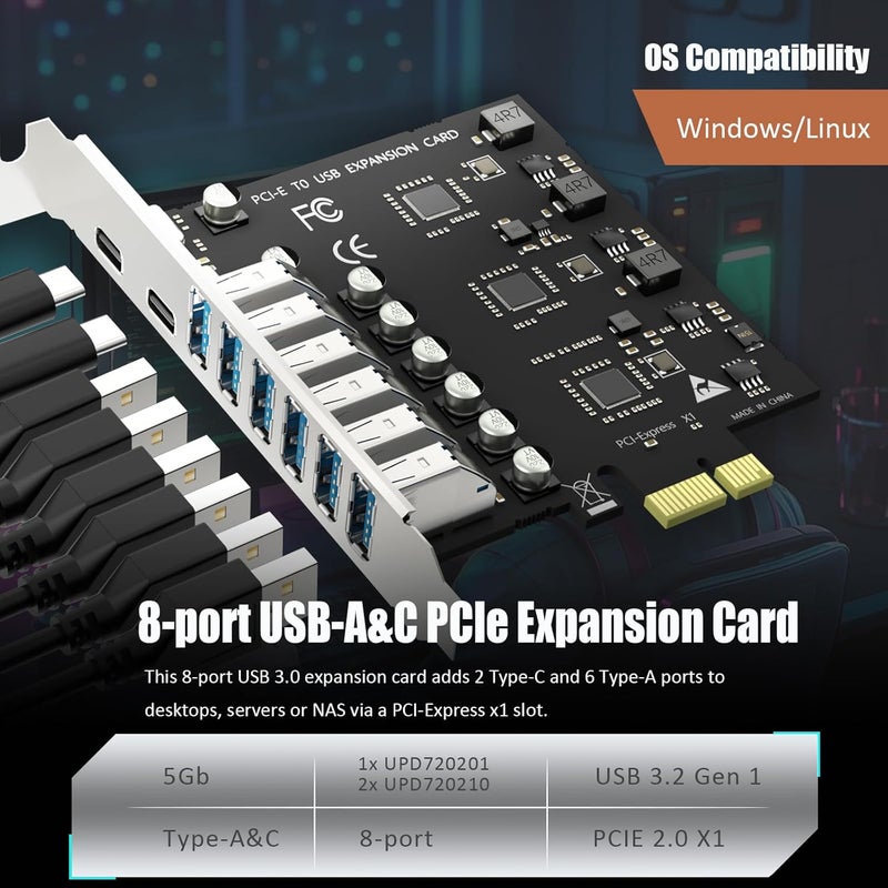 GLOTRENDS GLOTREND U6A2C 8-Port PCIe USB Expansion Card, 2 Type-C & 6 Type-A Ports (USB 3.2 Gen 1), Compatible with Windows Linux (Not for Mac OS) - Image 2