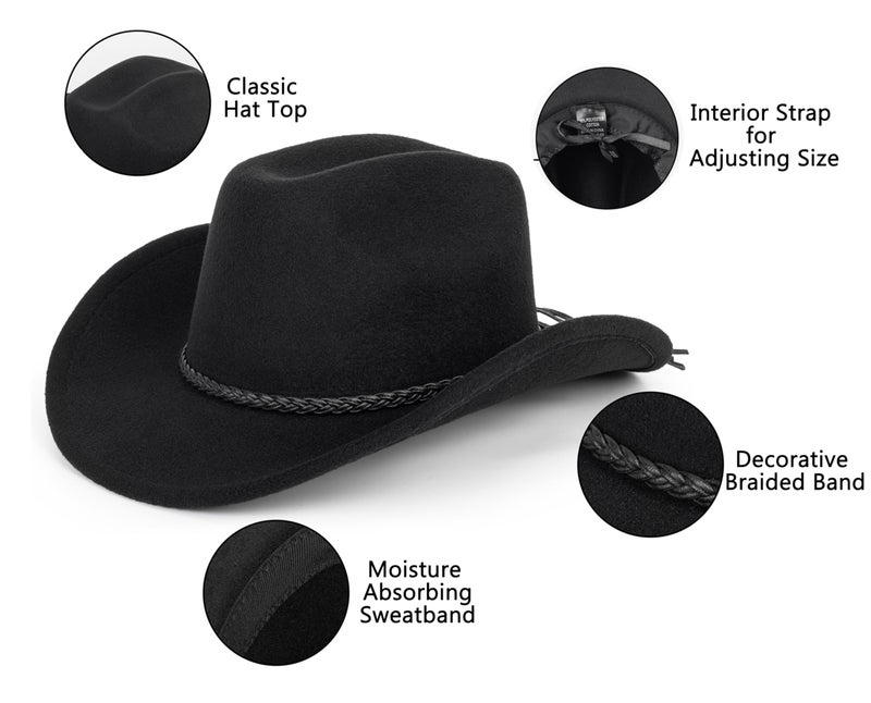Vikodah Vintage Western Cowboy Hat for Men Women - Wide Brim Cowgirl Fedora Hats with Braided Rope Band Black M - Image 5