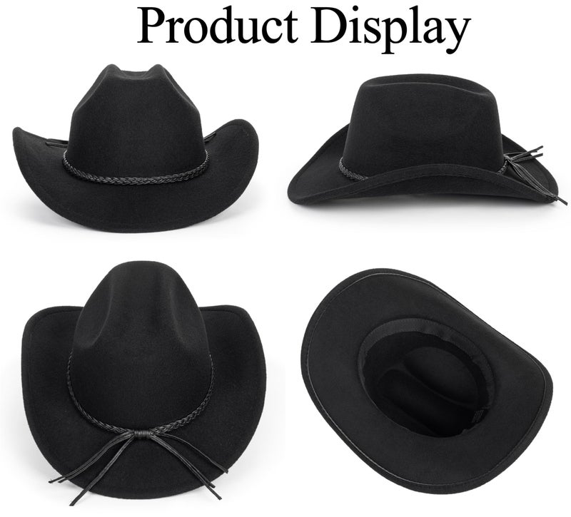 Vikodah Vintage Western Cowboy Hat for Men Women - Wide Brim Cowgirl Fedora Hats with Braided Rope Band Black M - Image 4