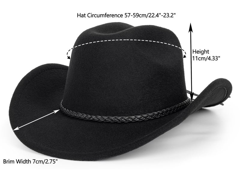 Vikodah Vintage Western Cowboy Hat for Men Women - Wide Brim Cowgirl Fedora Hats with Braided Rope Band Black M - Image 3