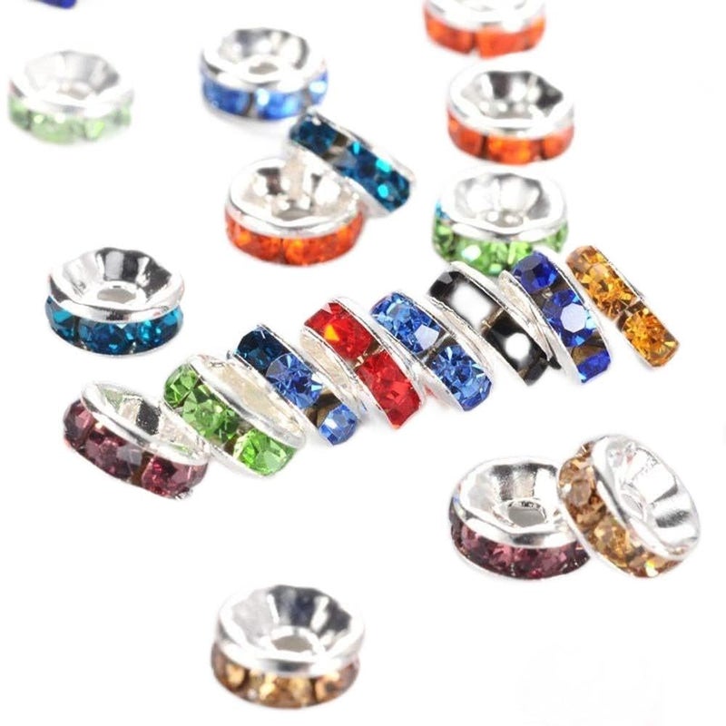 Allb 100Pcs Rondelle Spacer Beads 8mm Silver Plated Czech Crystal Rhinestone for Jewelry Making Loose Beads for Bracelets