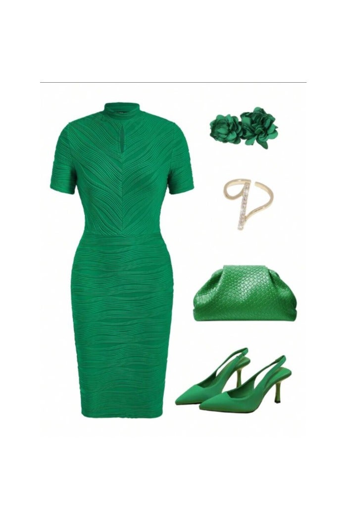 Shein Ladies' Stand Collar Short Sleeve Green Dress With Textured Fabric  - Image 1