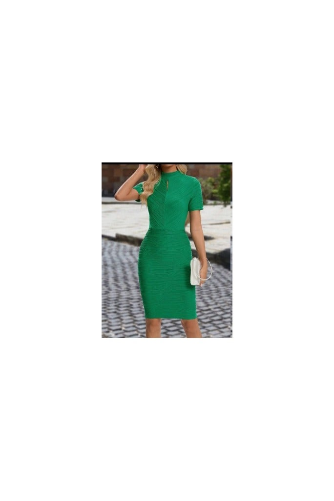 Shein Ladies' Stand Collar Short Sleeve Green Dress With Textured Fabric  - Image 4