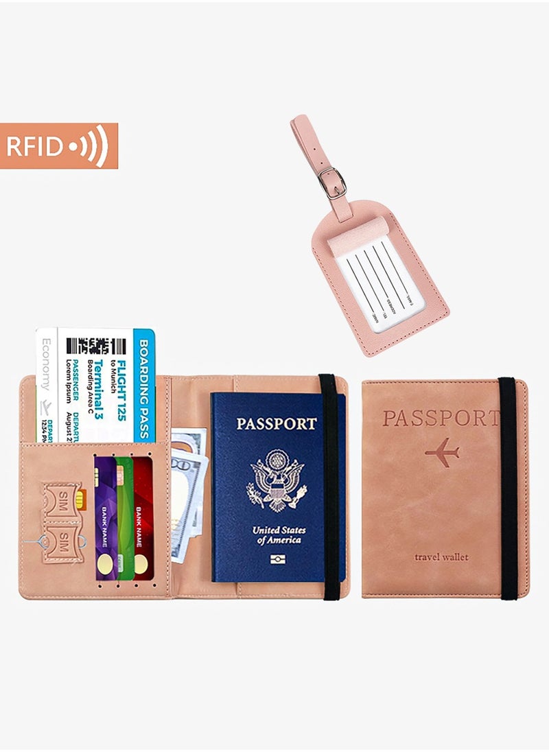Beauenty Passport Holder With Luggage Tag Cover Wallet RFID Blocking Leather Case Travel Essentials Accessories Travel Must Have (Pink)  - Image 1