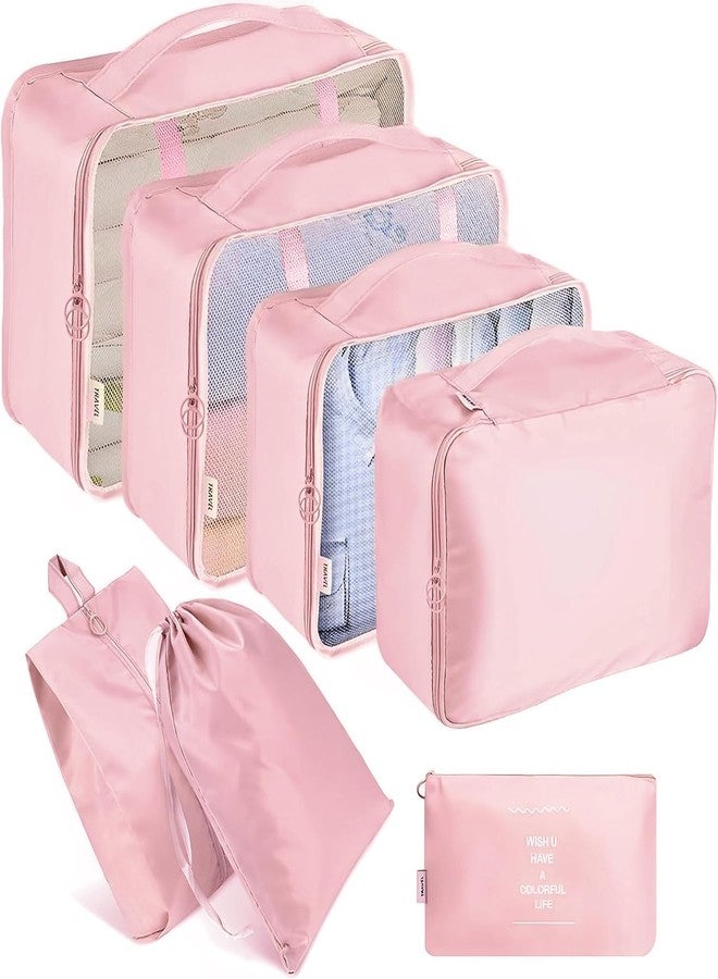 MAHNTMART Nylon 7 Pcs Travel Organizer Pouch Packing Cubes For Travel Clothes Space Savers Bags Cosmetics/Underwear/Socks/Shoes Toiletry Organiser Pouch (Pink) - Image 1