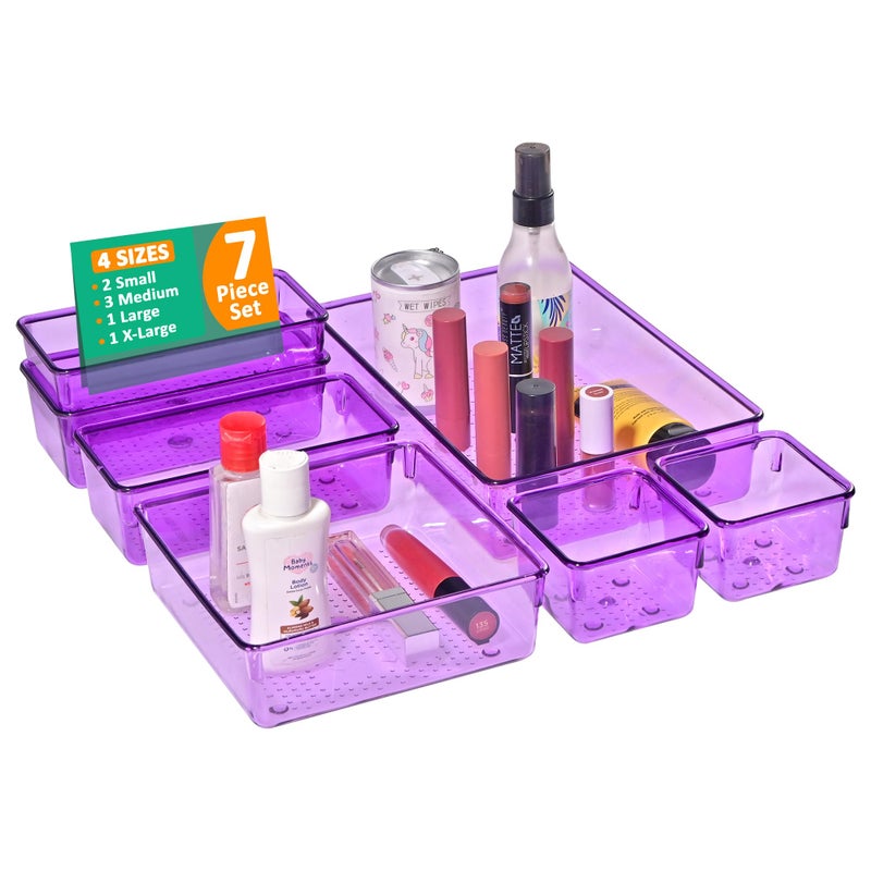 Kuber Industries Acrylic Set of 7 Transparent Cosmetic Organizer Tray | Drawers Organisers for Kitchen, Office and Bathroom Vanity Makeup | Stationery Storage Drawer Divider Tray | Purple - Image 1