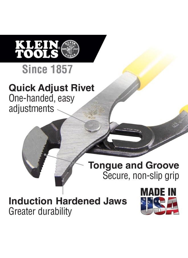 Klein Tools D502-10 Pump Pliers, 10-Inch Tongue and Groove, Quick-Adjust Rivet, 1-3/4 Inch Max Parallel Jaw Range, Tension Loaded Joint  - Image 2
