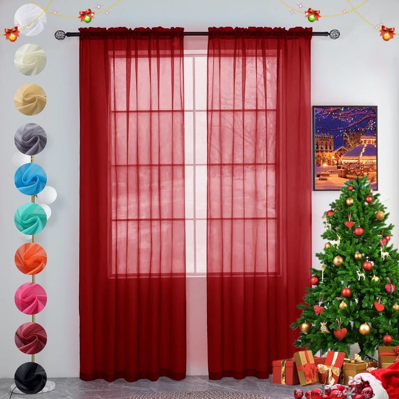 youleyar Solid Sheer Rod Pocket Curtain Voile Draperies 2 Panels White Beige Black Grey Ivory 52 Inch Width 84 Inch Long 1 Pair for Kitchen Bedroom Children Living Room Yard (Christmas Red,52Wï½˜84L) - Image 1