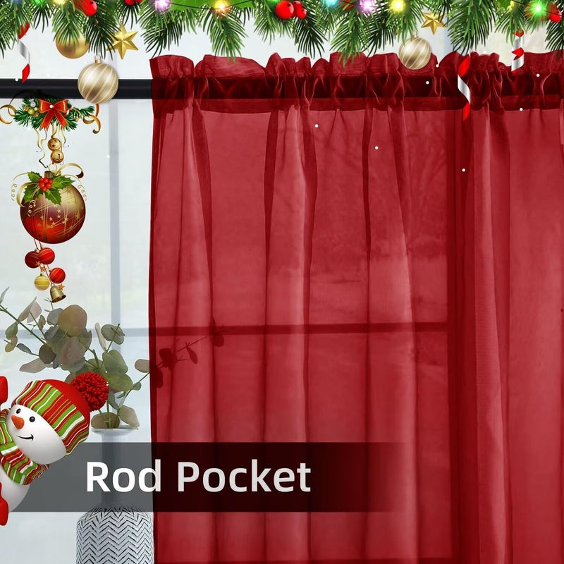 youleyar Solid Sheer Rod Pocket Curtain Voile Draperies 2 Panels White Beige Black Grey Ivory 52 Inch Width 84 Inch Long 1 Pair for Kitchen Bedroom Children Living Room Yard (Christmas Red,52Wï½˜84L) - Image 3
