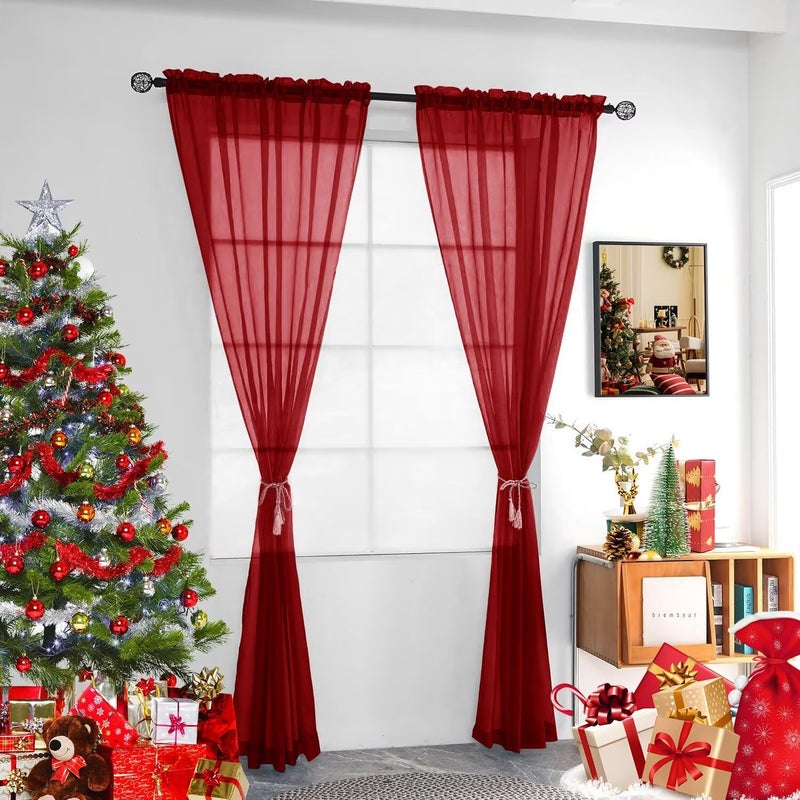 youleyar Solid Sheer Rod Pocket Curtain Voile Draperies 2 Panels White Beige Black Grey Ivory 52 Inch Width 84 Inch Long 1 Pair for Kitchen Bedroom Children Living Room Yard (Christmas Red,52Wï½˜84L) - Image 2