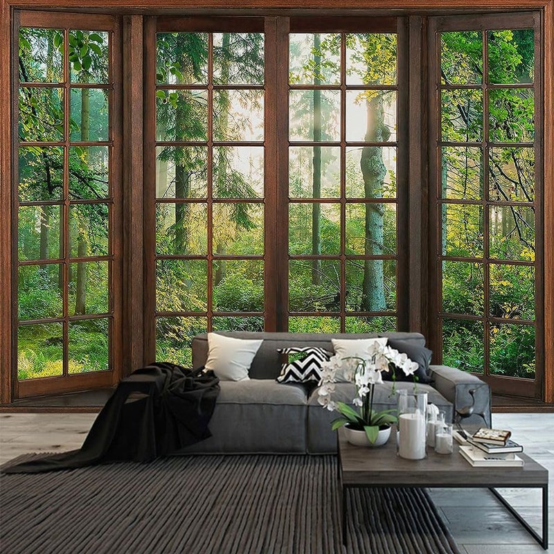 Aidatain Green Forest Natural Tapestry Window Scenery Wall Aesthetic Tapestry for Bedroom Flannel 108" L x 90" W Beach Blanket Living Dinning Room College Dorm Wall Hanging GTDJAT0095 - Image 1