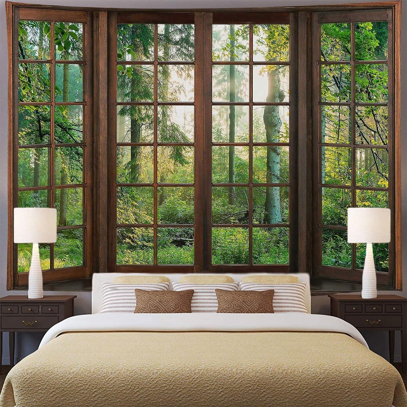 Aidatain Green Forest Natural Tapestry Window Scenery Wall Aesthetic Tapestry for Bedroom Flannel 108" L x 90" W Beach Blanket Living Dinning Room College Dorm Wall Hanging GTDJAT0095 - Image 2