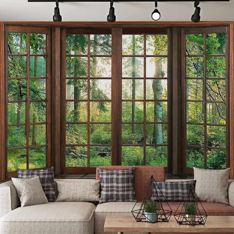 Aidatain Green Forest Natural Tapestry Window Scenery Wall Aesthetic Tapestry for Bedroom Flannel 108" L x 90" W Beach Blanket Living Dinning Room College Dorm Wall Hanging GTDJAT0095 - Image 4