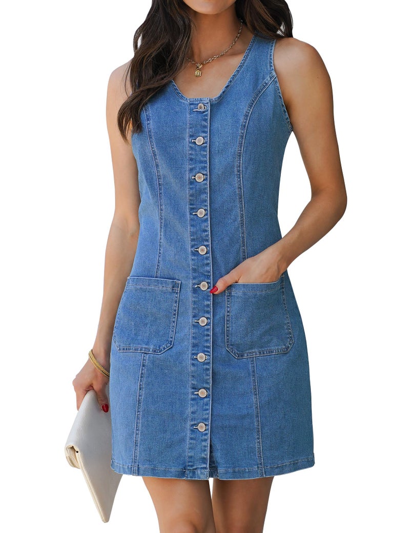 luvamia Denim Dresses for Ladies Short Dresses for Women Casual Bay Blue Size Medium Size 8 10 - Image 1