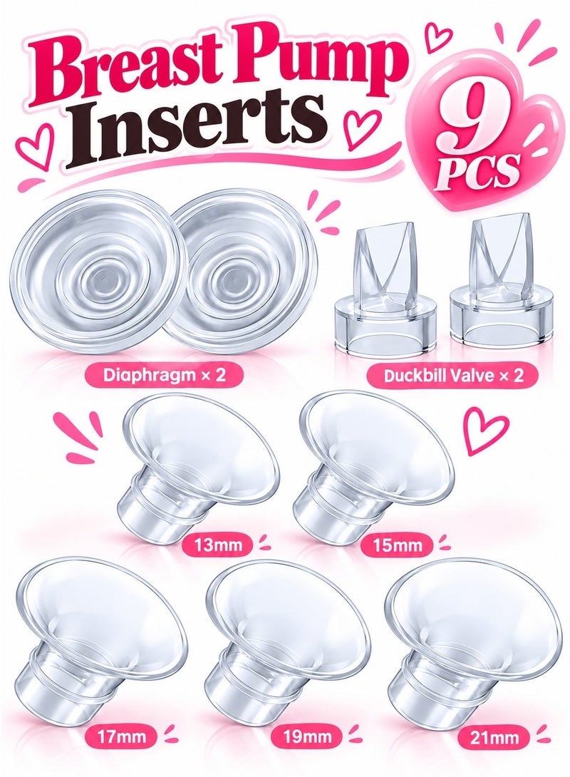 9 Pack,Breast Milk Pump Flange Inserts 13/15/17/19/21mm Compatible with Momcozy Wearable Breast Pump, for TSRETE/Spectra/Medela 24mm Shields/Flanges, Include Silicone Diaphragm&Duckbill Valve - Image 1