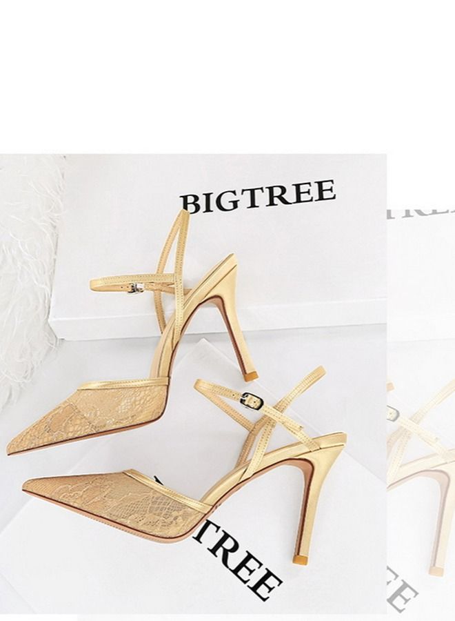 BIGTREE Pointed One-Line High-Heeled Sandals 9CM Beige - Image 3