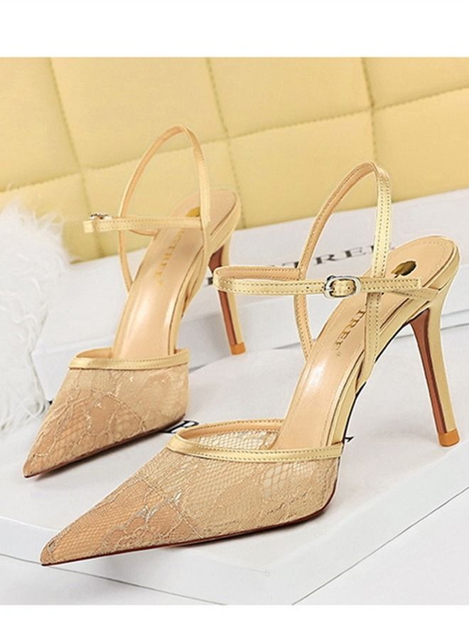 BIGTREE Pointed One-Line High-Heeled Sandals 9CM Beige - Image 2