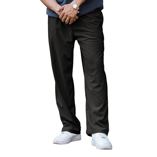 SWADESI STUFF Men's Corduroy Trousers – Mid-Rise Straight Fit Pants with Self Design | Premium Cotton Corduroy | Lasting Color | Comfortable 280 GSM Fabric (in, Alpha, XL, Standard, Black) - Image 1