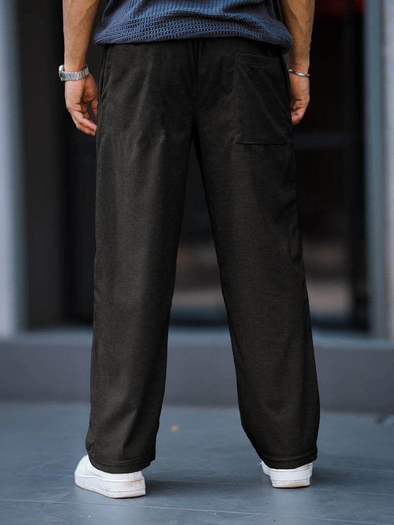 SWADESI STUFF Men's Corduroy Trousers – Mid-Rise Straight Fit Pants with Self Design | Premium Cotton Corduroy | Lasting Color | Comfortable 280 GSM Fabric (in, Alpha, XL, Standard, Black) - Image 2