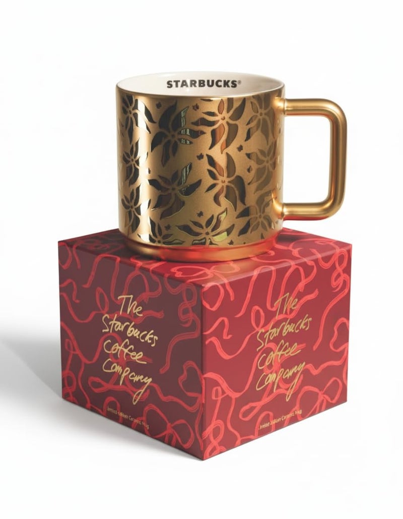 Starbucks Limited Edition Golden Poinsettia Mug 14 oz Festive Ceramic Drinkware Elegant Holiday Coffee Cup - Image 2
