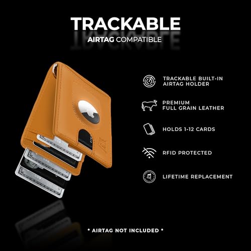 Kings Loot Trackable Airtag Wallet for Men RFID Blocking Leather Design with Airtag Holder Money Clip Pull Tab Minimalist Air Tag Wallets Cognac - Image 3
