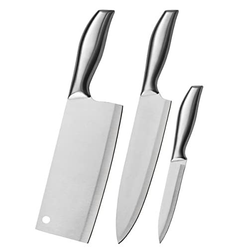 Mockery 3 Piece Kitchen Knife Set Including Chef's Knife, Butcher Meat Knife & Paring Knife, Sharp Stainless Steel Knife, Non-Stick, Soft Touch Handles, Silver - Image 1