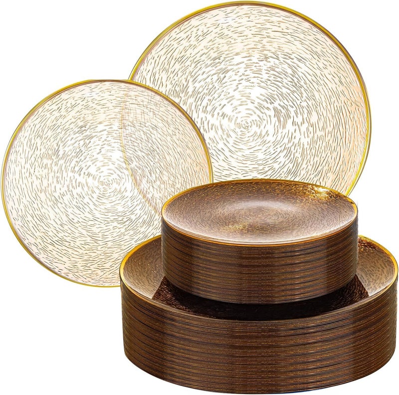 Liacere 60Pcs Brown Plastic Plates - Brown Disposable Plates With Gold Rim, Heavy-duty Amber Plates,Water ripples Party Plates Include 30 Dessert-Platos,30 Dinner-Platos for Party&Easter - Image 1