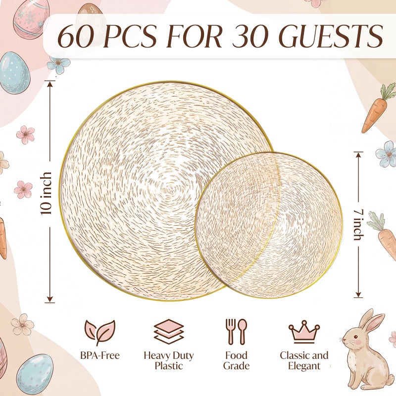 Liacere 60Pcs Brown Plastic Plates - Brown Disposable Plates With Gold Rim, Heavy-duty Amber Plates,Water ripples Party Plates Include 30 Dessert-Platos,30 Dinner-Platos for Party&Easter - Image 2