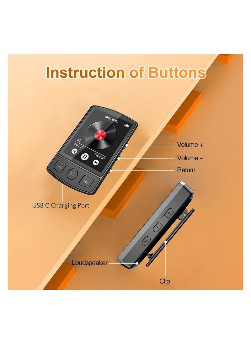 32GB Mp3 Player with Clip, Portable Mp3 Mp4 Music Player with Bluetooth 5.0, 1.8-Inch HD Full Touch Screen, Voice Recorder, High Fidelity Lossless Sound Music Player with HD Speaker - Image 3