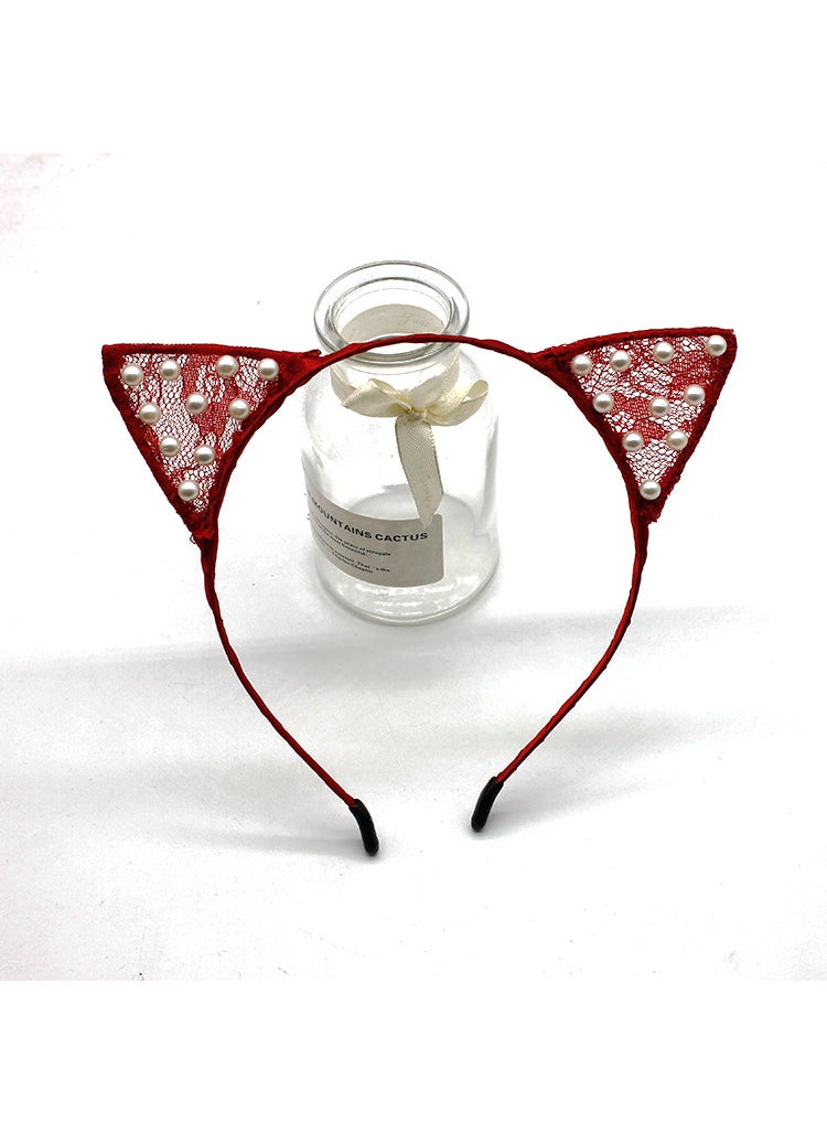 Generic Sweet Simple Lace Cat Ear Hair Ties Women Face Washing Hair Clips Rabbit Ear Headbands Fresh Korean Style 5# nail Pearl-wine red 