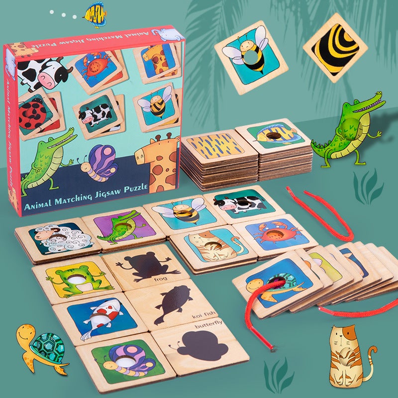 Children'S Wooden Skin Shadow Building Blocks Matching Cartoon Animal Digital Word Puzzle Cognitive Threading Toy - Image 2