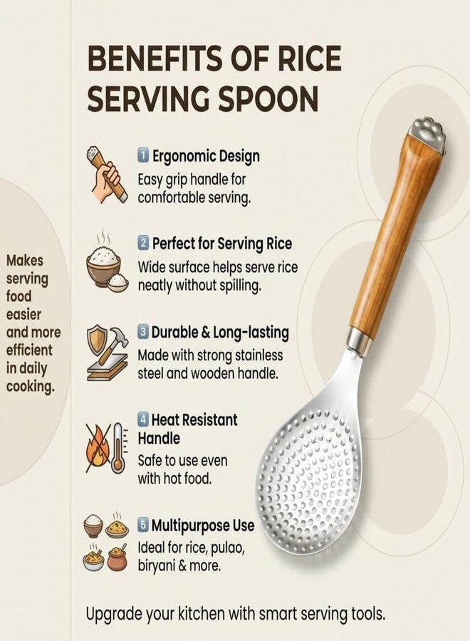 Akshify Rice Serving Spoon Stainless Steel with Wooden Handle, Heavy Duty Non Stick Rice Scoop Ladle, Durable Rust Proof Serving Spatula for Kitchen Cooking & Serving Use (Round, 1 Pcs) - Image 4
