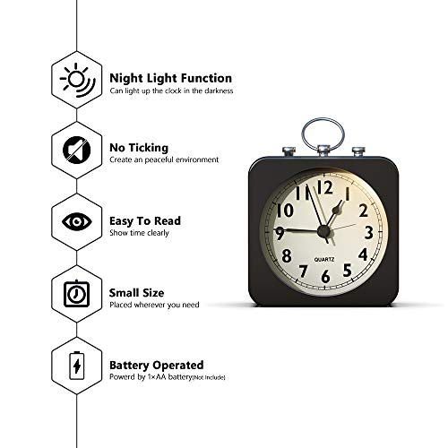 AYRELY Kadio Battery Operated Alarm Clock with Square Metal Case,Silent No Ticking Analog Quartz, Simple Operation for Bedroom/Travel/Desk/Kids (Black), 9 Cm X 9 Cm - Image 2
