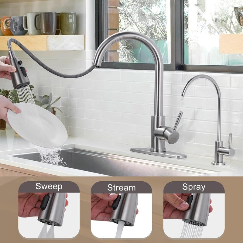 WOWOW Kitchen Faucet and Water Filter Faucet Combo, Stainless Steel Kitchen Sink Faucet with Drinking Water Faucet for Reverse Osmosis or Water Filtration System, Brushed Nickel - Image 3