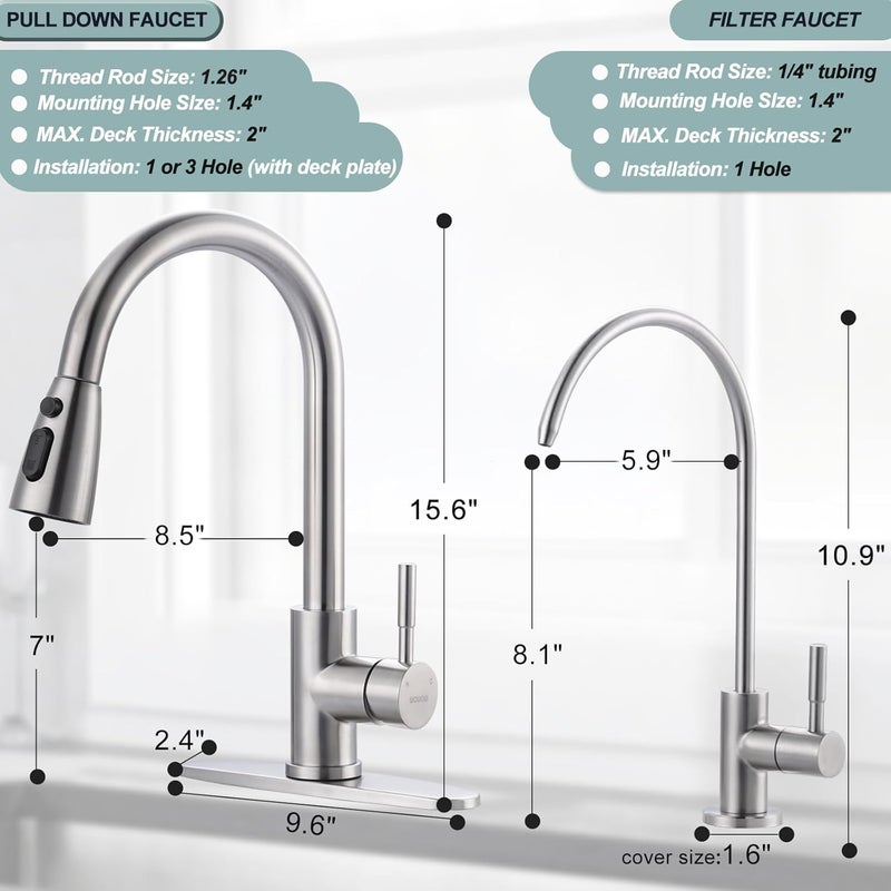 WOWOW Kitchen Faucet and Water Filter Faucet Combo, Stainless Steel Kitchen Sink Faucet with Drinking Water Faucet for Reverse Osmosis or Water Filtration System, Brushed Nickel - Image 5