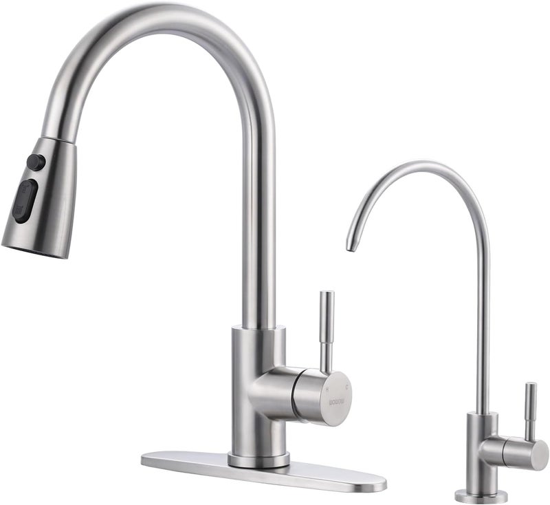 WOWOW Kitchen Faucet and Water Filter Faucet Combo, Stainless Steel Kitchen Sink Faucet with Drinking Water Faucet for Reverse Osmosis or Water Filtration System, Brushed Nickel - Image 1