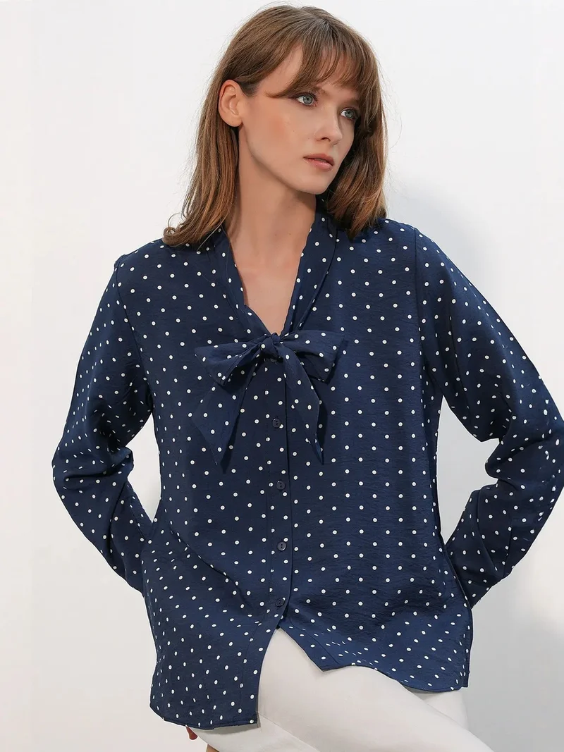 Big Dart Navy Blue BDART Polka Dot Poplin Shirt Blouse for Women | Best Price UAE