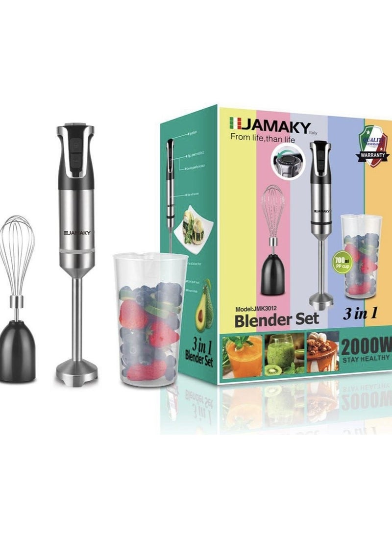 JAMAKY Italy Jamaki 3 in 1 stainless steel hand blender, 2000 watts, Italian JMK3012, with a one-year warranty 