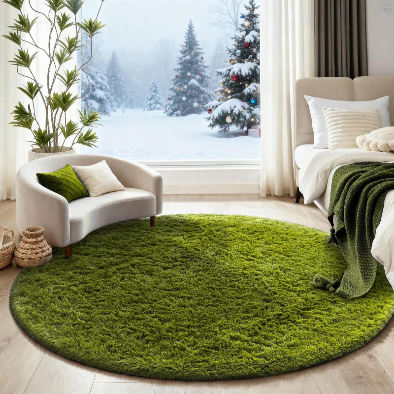 Ophanie Round Rug 6Ft Green Circle Area Rug, Green Room Decor, Fluffy Fuzzy Bedroom Carpet, Plush Soft Shaggy Living Room Rugs for Kids Home Decor Aesthetic, Nursery - Image 5
