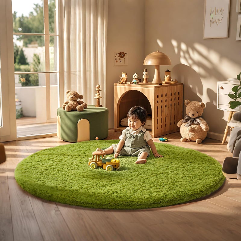 Ophanie Round Rug 6Ft Green Circle Area Rug, Green Room Decor, Fluffy Fuzzy Bedroom Carpet, Plush Soft Shaggy Living Room Rugs for Kids Home Decor Aesthetic, Nursery - Image 1