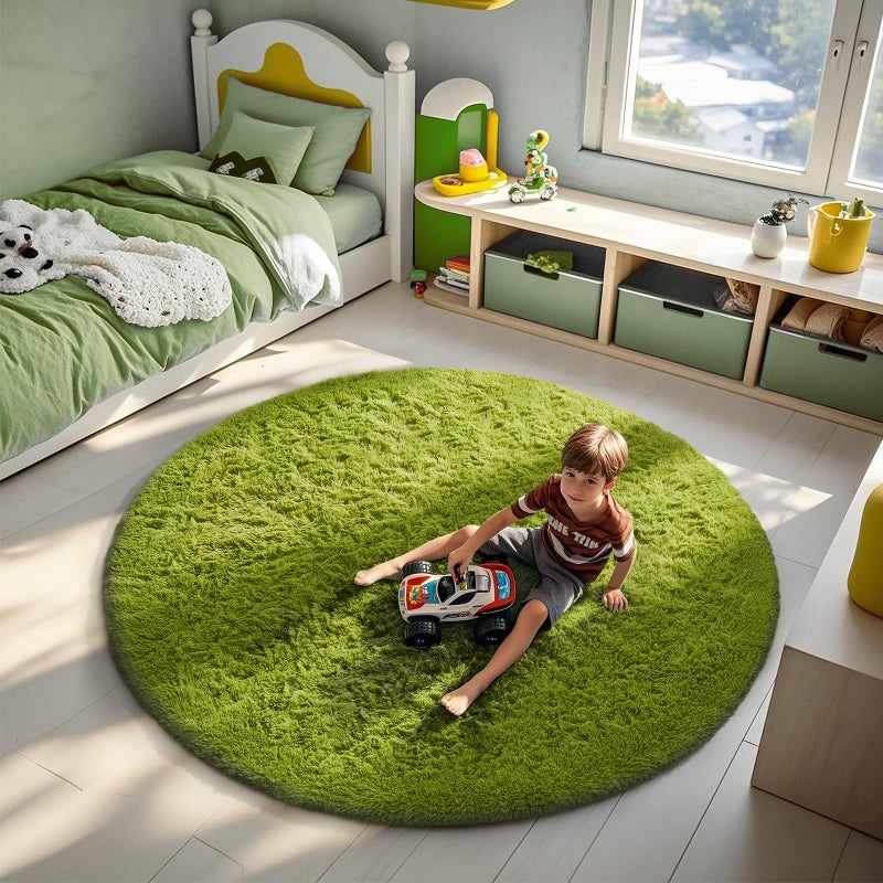 Ophanie Round Rug 6Ft Green Circle Area Rug, Green Room Decor, Fluffy Fuzzy Bedroom Carpet, Plush Soft Shaggy Living Room Rugs for Kids Home Decor Aesthetic, Nursery - Image 3