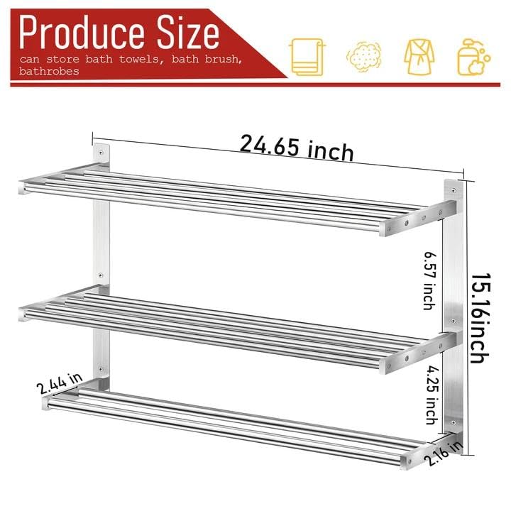 Taaji Towel Rack with Shelf 24 inch, 3 Tier Towel Racks for Bathroom Wall Mounted, Stainless Steel Bathroom Shelf with Double Towel Bars, Hotel Bath Towels Storage, Brushed Nickel - Image 5