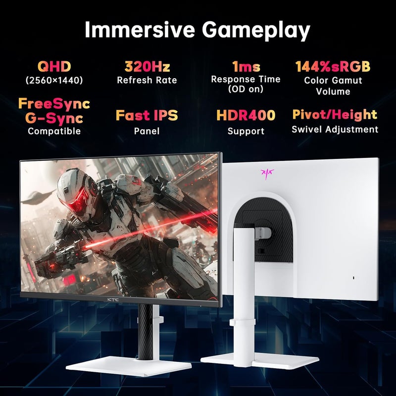 KTC 27 Inch White Gaming Monitor 300Hz/320Hz, QHD 1440P Fast IPS Computer Monitor with Adaptive FreeSync, HDR400, Height/Pivot/Swivel/Tilt Adjustable, DP&HDMI, H27E6 - Image 2