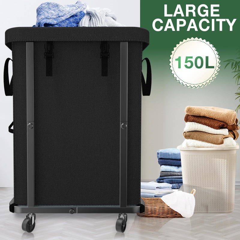 kunlabori 40 Gal(150L) High Grade Large Laundry Basket with Wheels, Rolling Laundry Hamper, Laundry Cart with Metal Frame and Removable Bag Design, Suitable for Laundry Room (Black, 150L) - Image 2