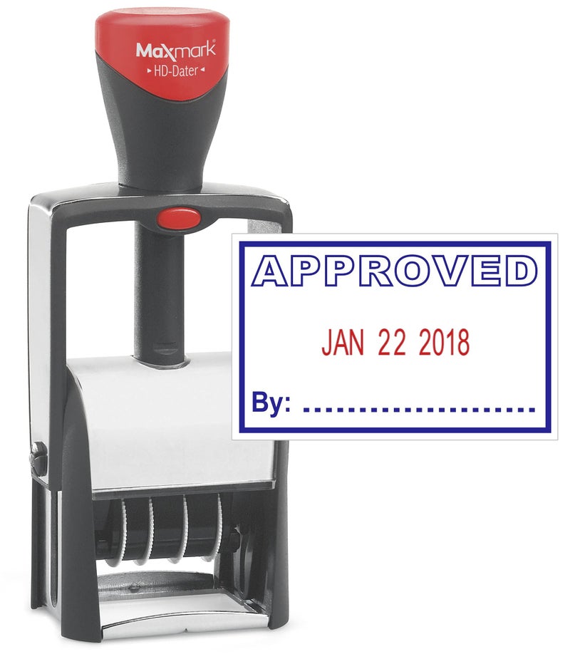 MaxMark Heavy Duty Self Inking Date Stamp with Phrase Approved  2 Color BlueRed Ink