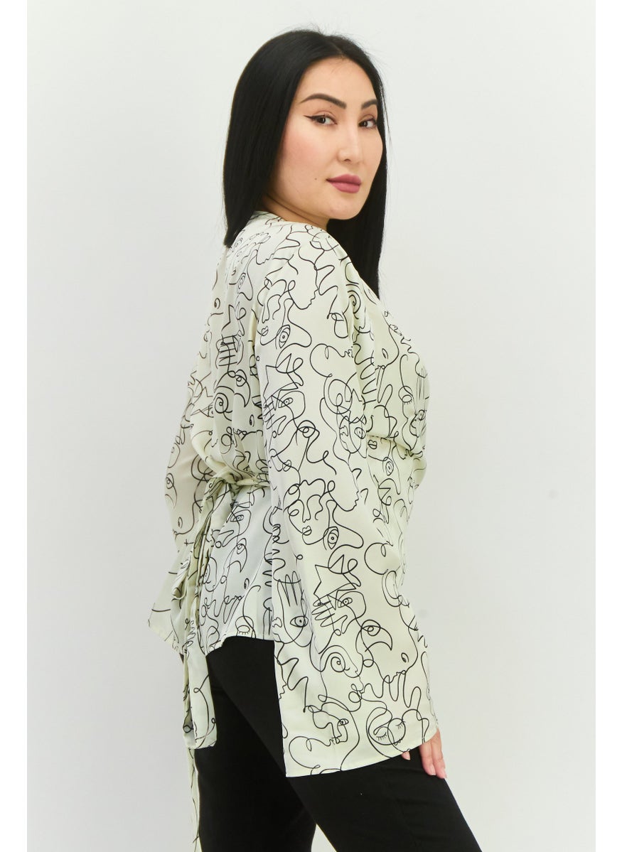 Never fully Dressed Women V-Neck Long Sleeve Allover Print Belted Top, Cream  - Image 2