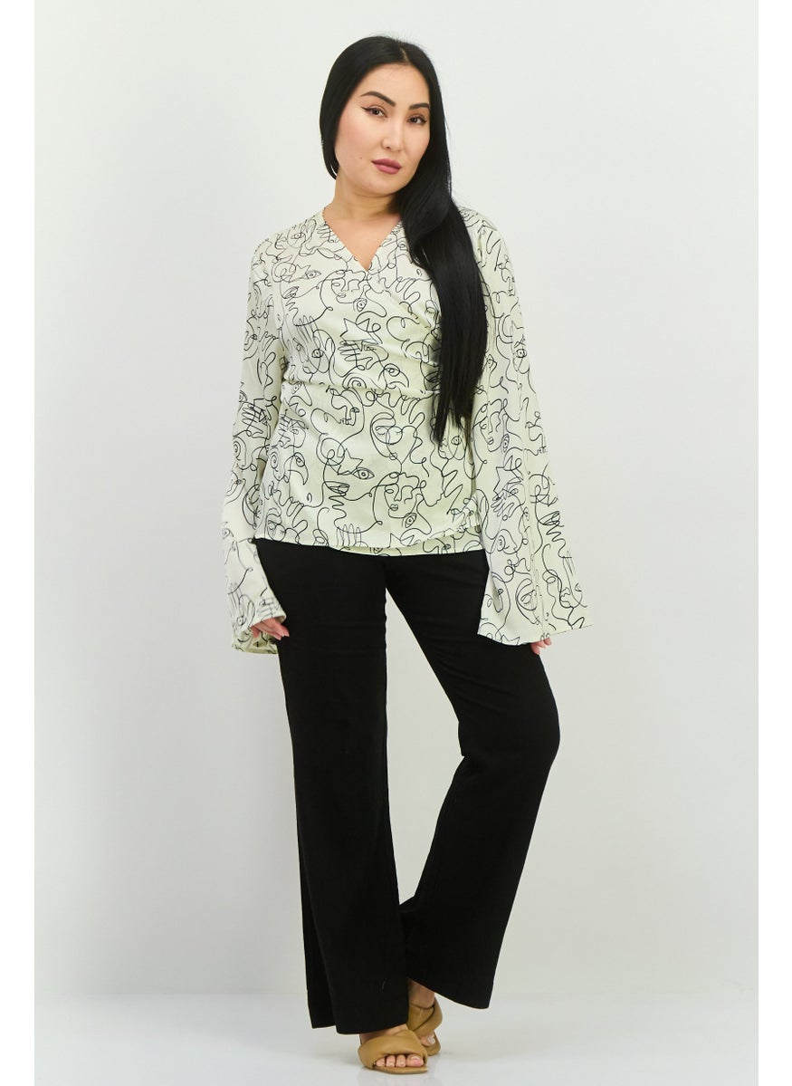 Never fully Dressed Women V-Neck Long Sleeve Allover Print Belted Top, Cream  - Image 4