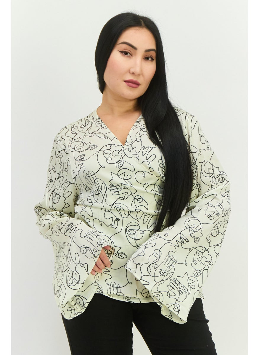 Never fully Dressed Women V-Neck Long Sleeve Allover Print Belted Top, Cream  - Image 1
