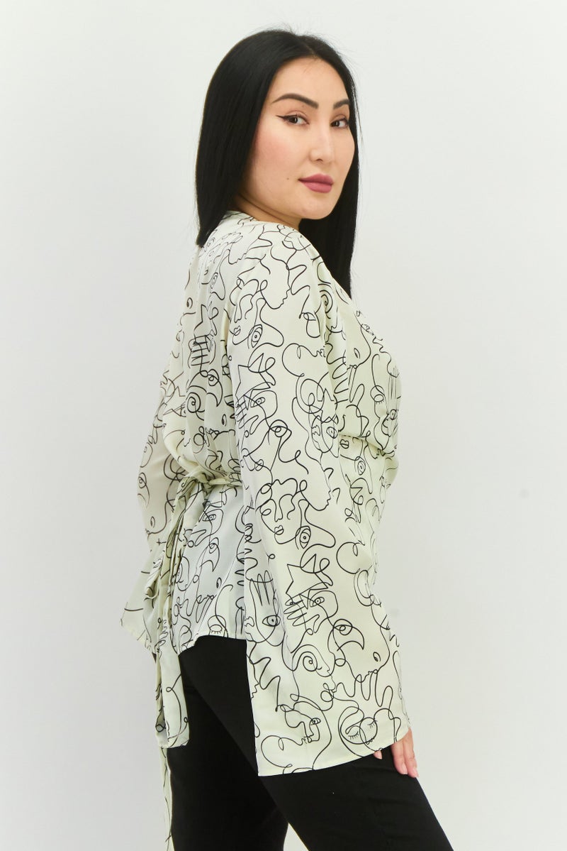 Never fully Dressed Women V-Neck Long Sleeve Allover Print Belted Top, Cream - Image 2